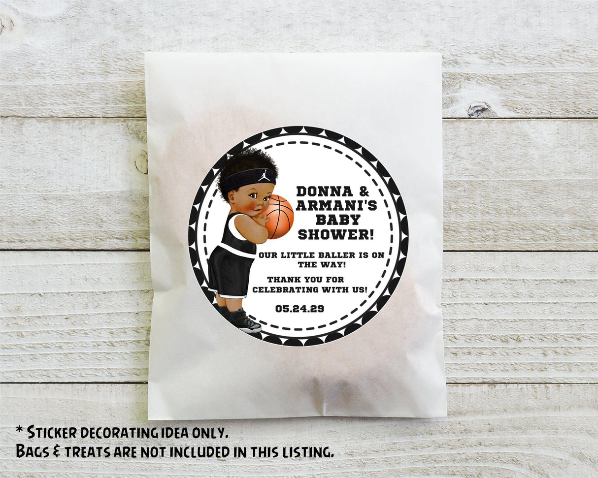 Personalized “Our Little Baller” baby shower favor sticker in sports theme
