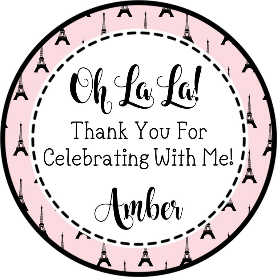 Personalized Paris party favor label in pink