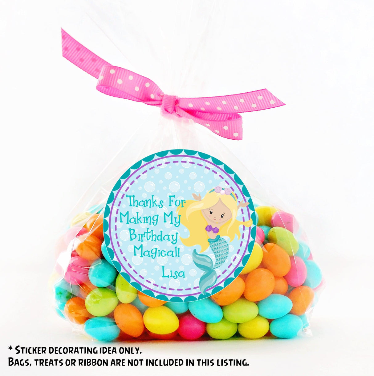 Personalized birthday sticker with teal and purple border