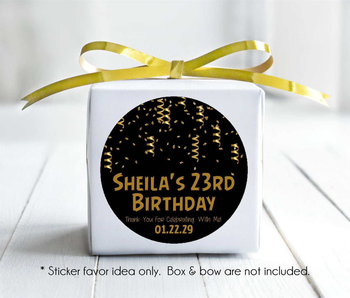 Personalized black and gold birthday favor sticker