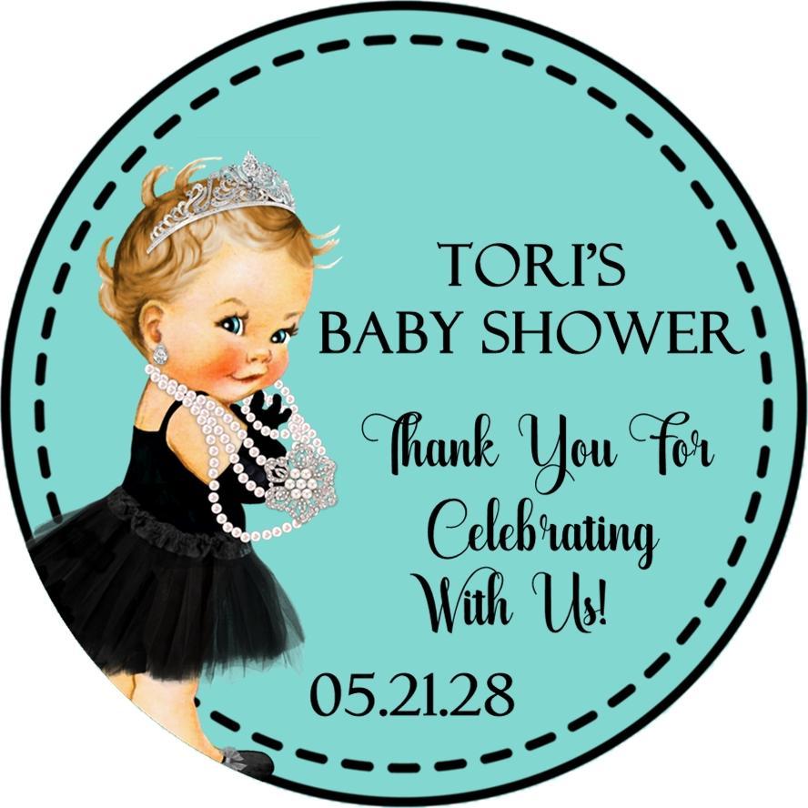 Personalized black dress baby shower sticker featuring pearls and tiara