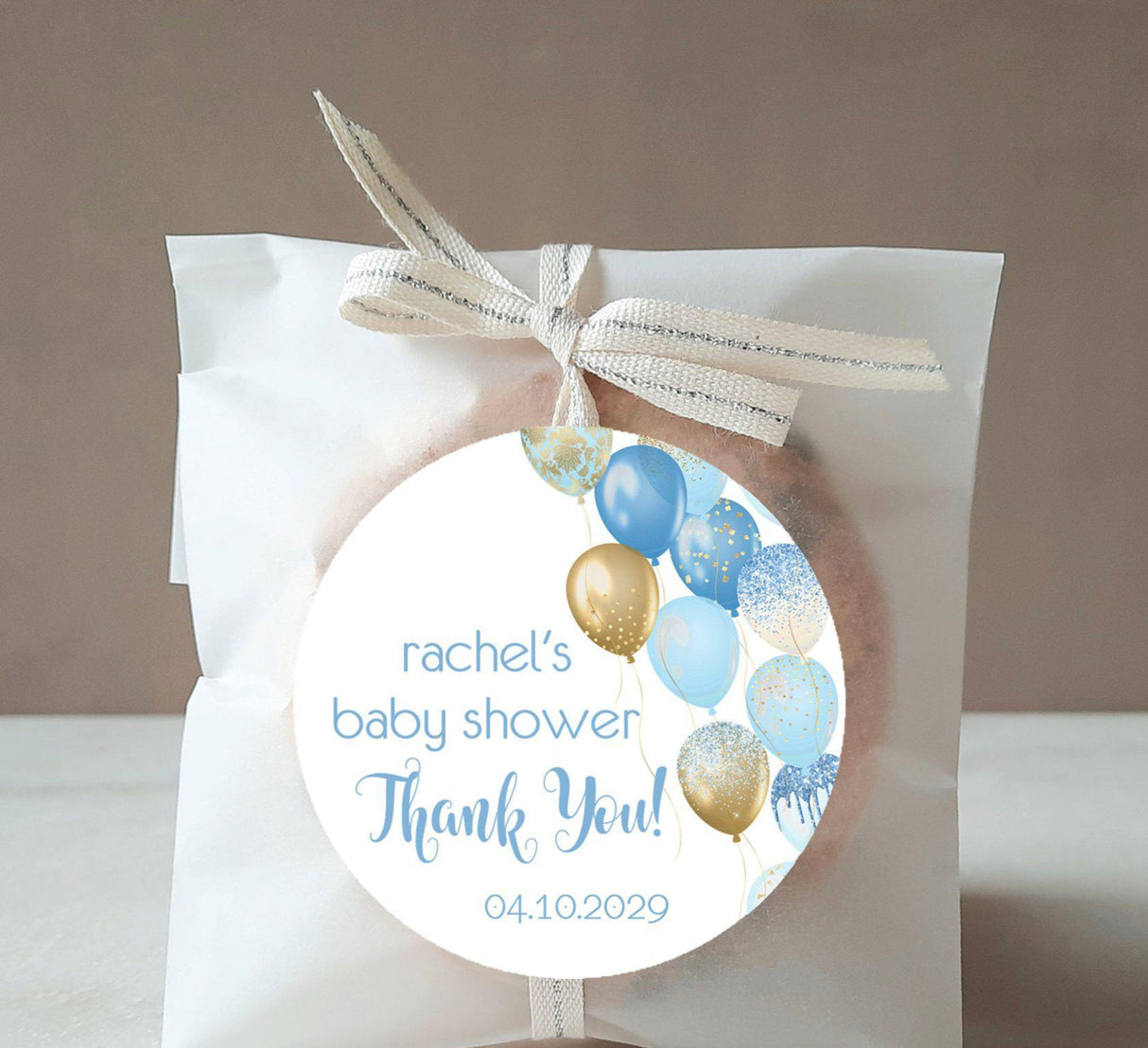 Personalized blue and gold thank-you sticker for baby shower favors