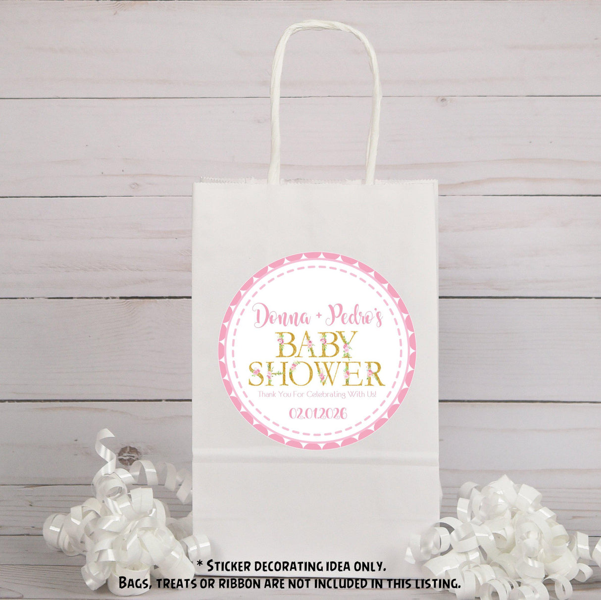 Personalized blush and gold floral favor sticker for baby shower bags