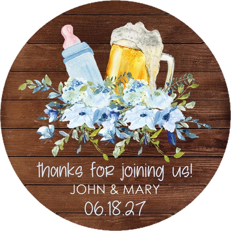 Personalized boy baby shower stickers with beer and baby bottle design