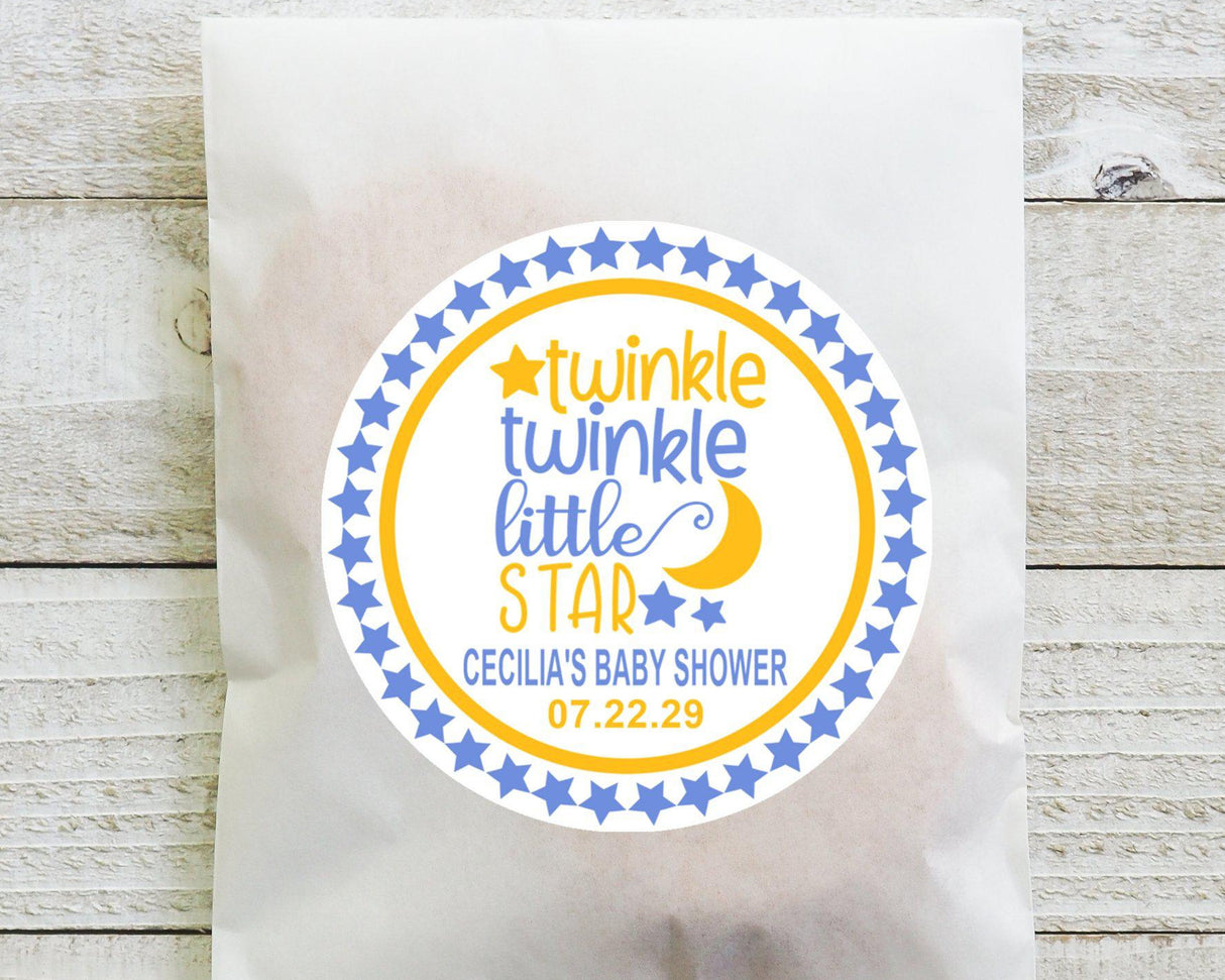 Personalized boys blue baby shower favor stickers with moon and stars.