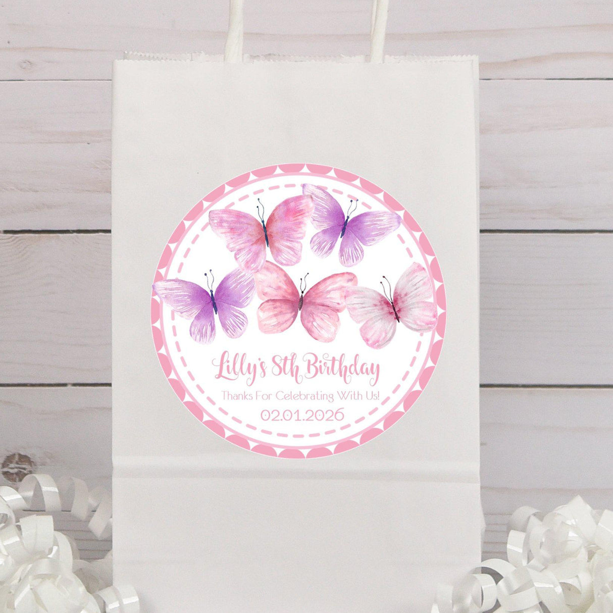 Personalized butterfly birthday favor sticker with butterflies