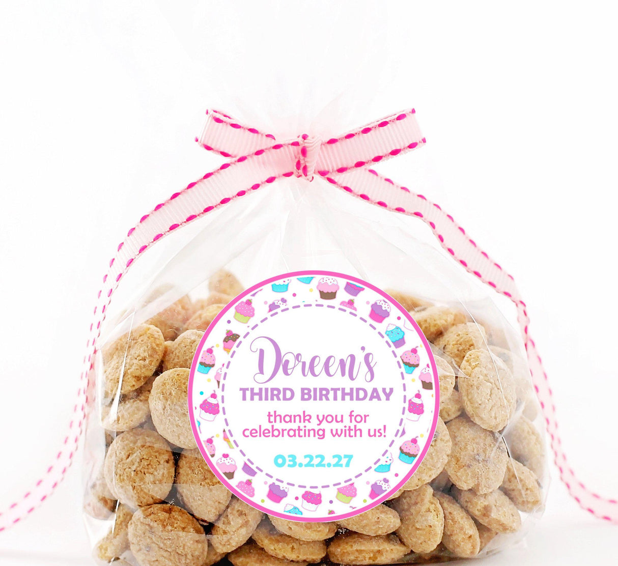 Personalized cupcake party favor label in pink and lavender