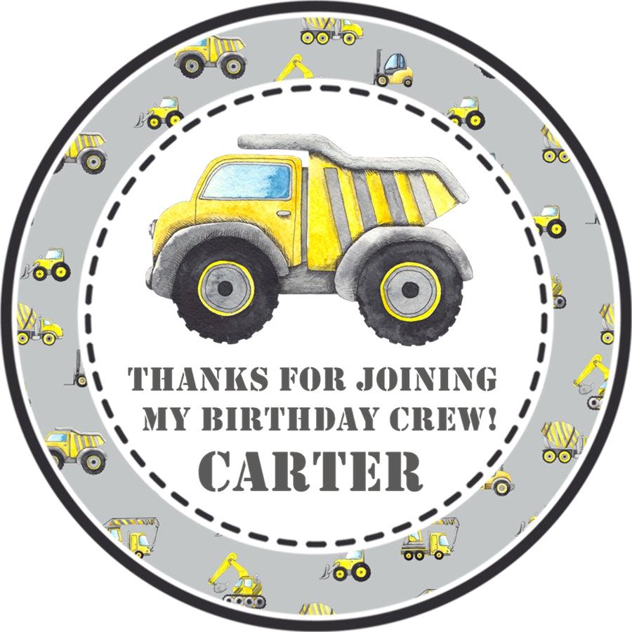 Personalized dump truck party favor sticker with construction vehicle background
