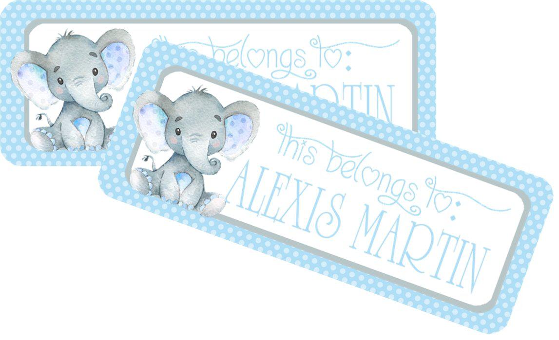 Personalized elephant school supply label featuring cute elephant artwork
