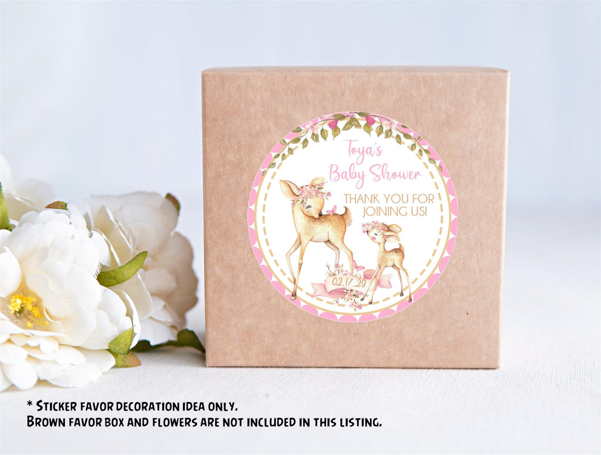 Personalized floral woodland baby shower favor stickers.