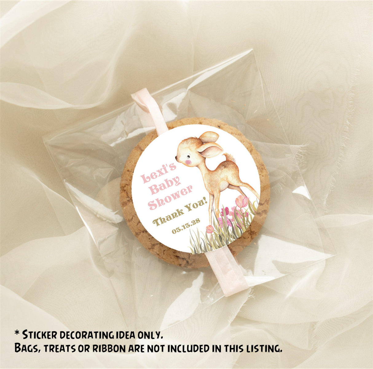 Personalized girl baby shower favor stickers with deer design.