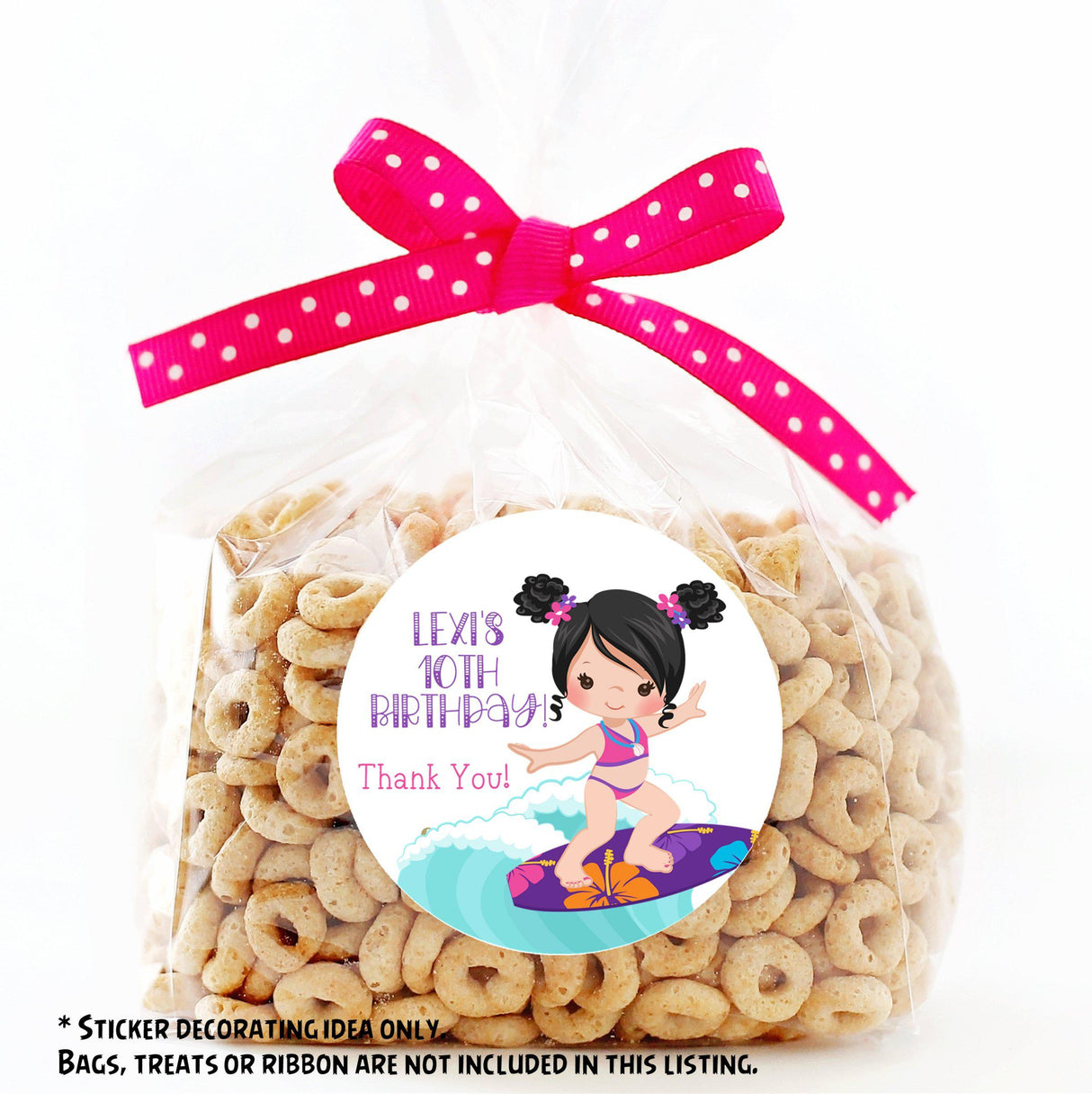 Personalized girl surfer sticker with name and age