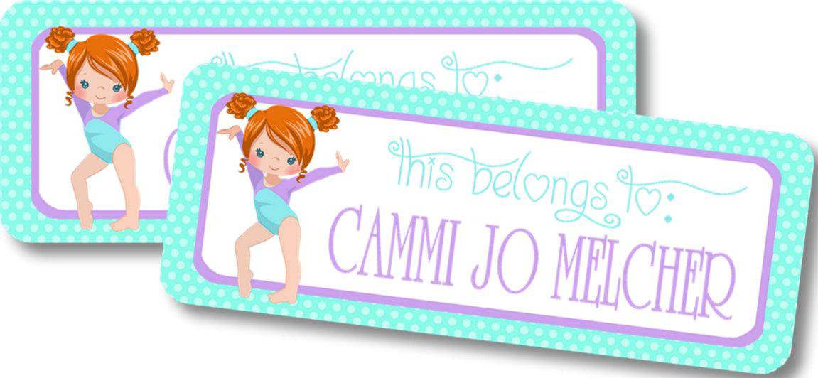 Personalized gymnastics school label in aqua tones
