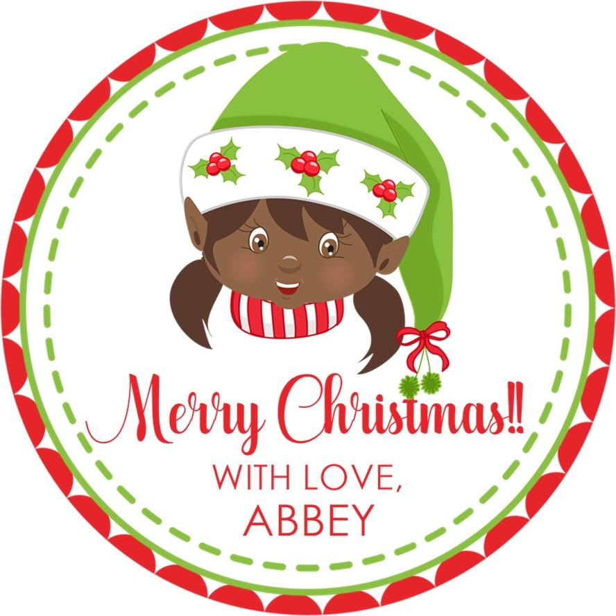 Personalized holiday elf sticker for Christmas favors