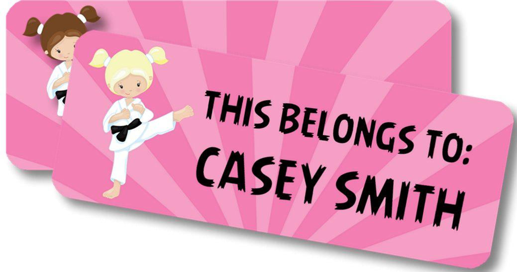 Personalized karate girl school supply labels with pink burst background