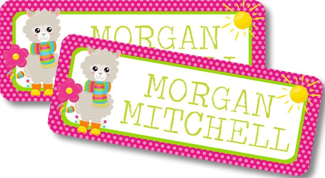 Personalized llama name stickers with bright polka dots
