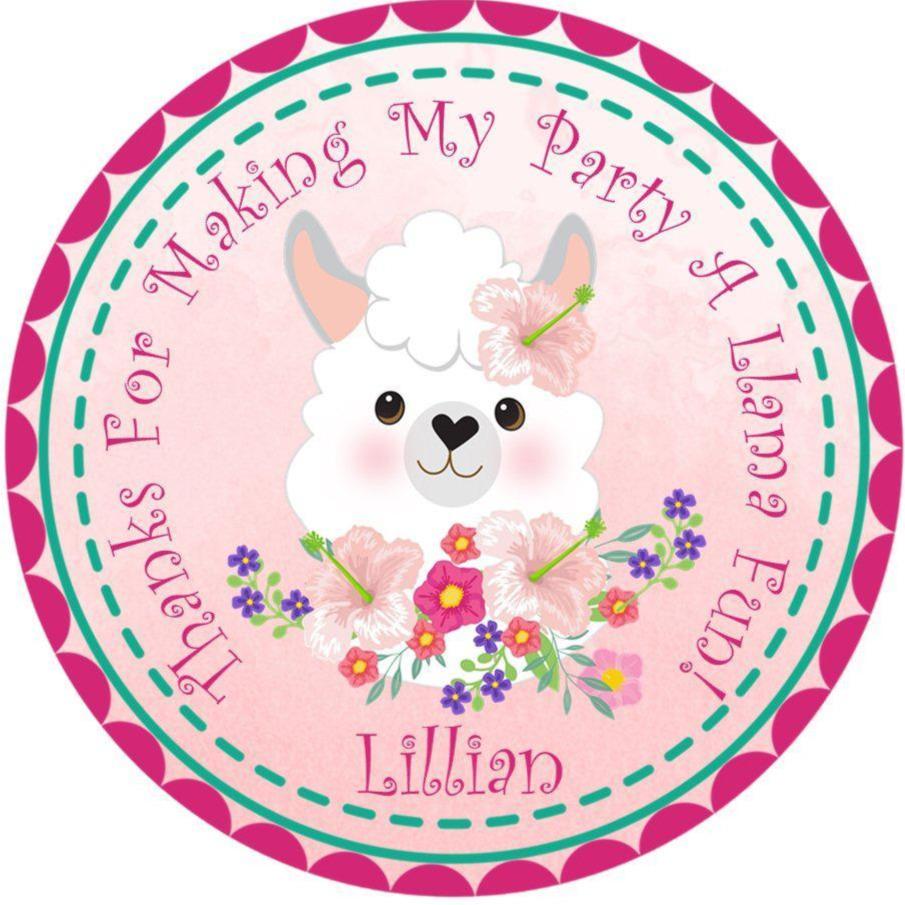 Personalized llama party favor sticker with flowers