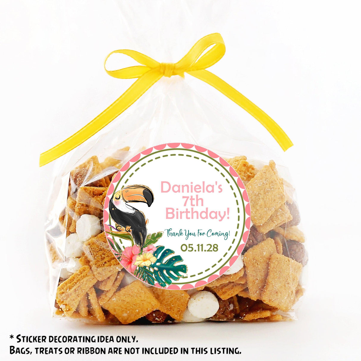 Personalized luau toucan party favor sticker