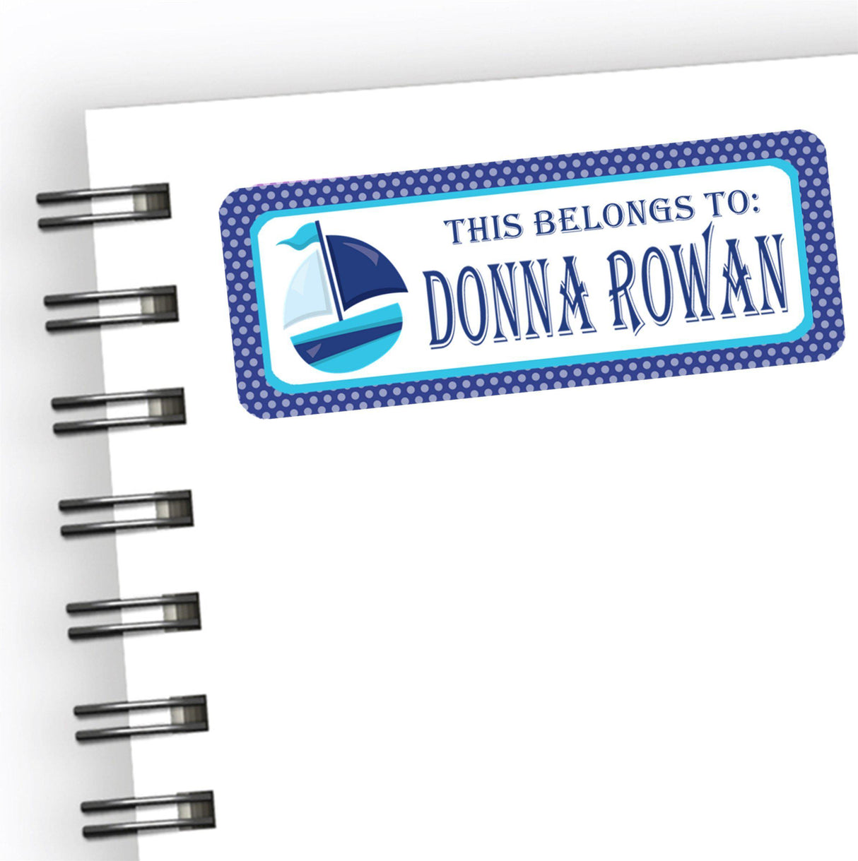Personalized nautical sailboat school supply label in navy blue