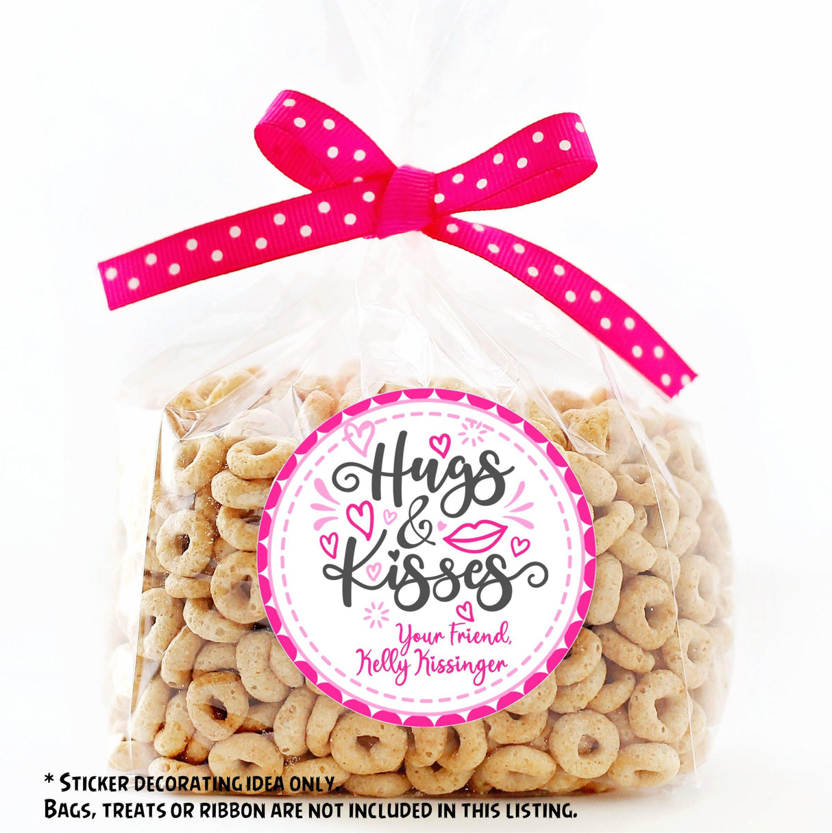 Personalized pink Valentine favor sticker with hearts and lips