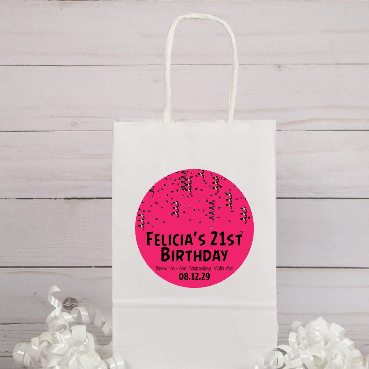 Personalized pink and black birthday confetti sticker