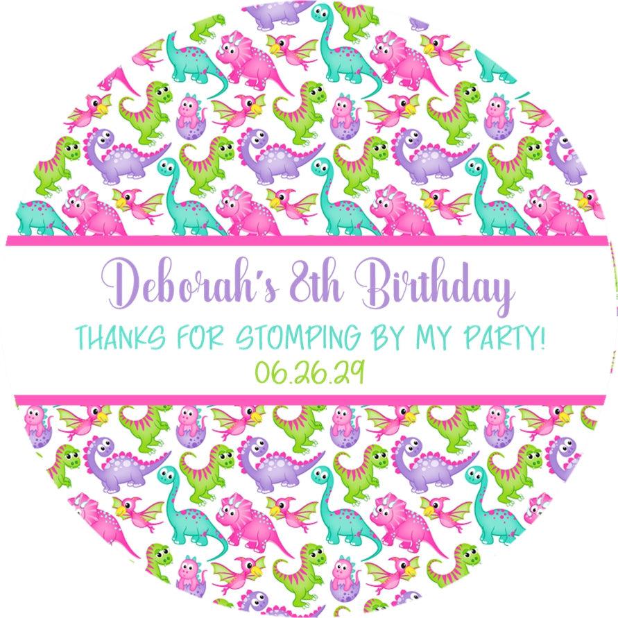 Personalized pink and purple dinosaur party favor label