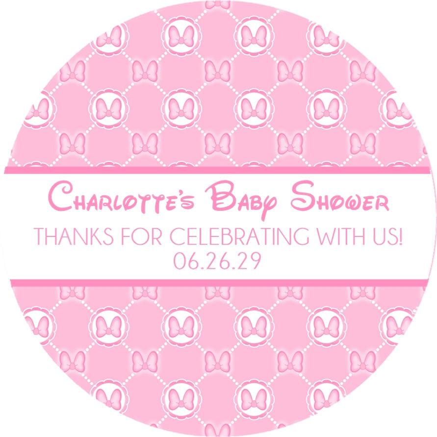 Personalized pink baby shower favor sticker with Minnie theme