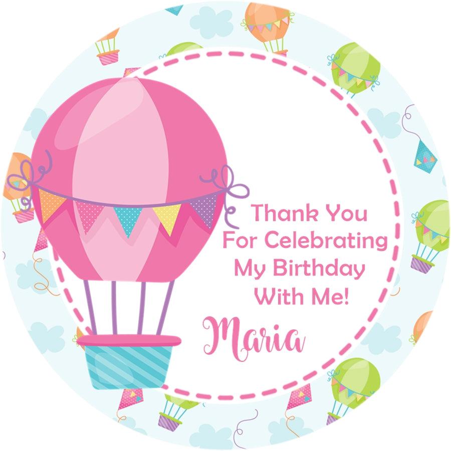 Personalized pink hot air balloon party favor label