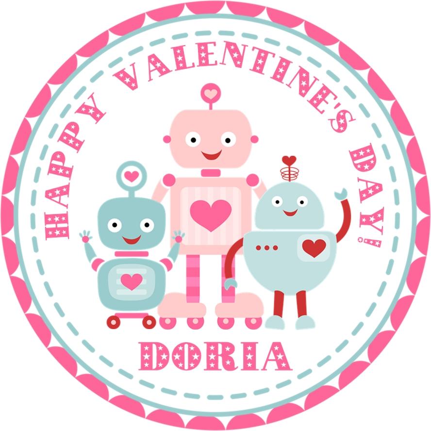 Personalized pink robot classroom Valentine sticker with cute Valentine graphics