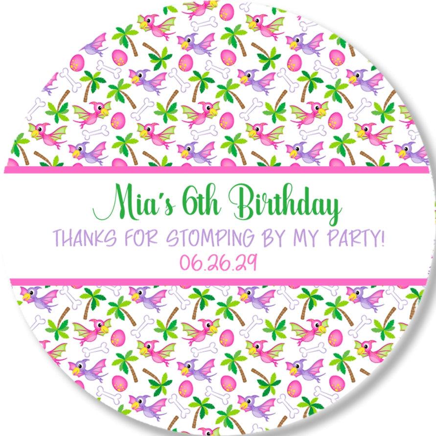 Personalized purple and pink girls dinosaur birthday favor label