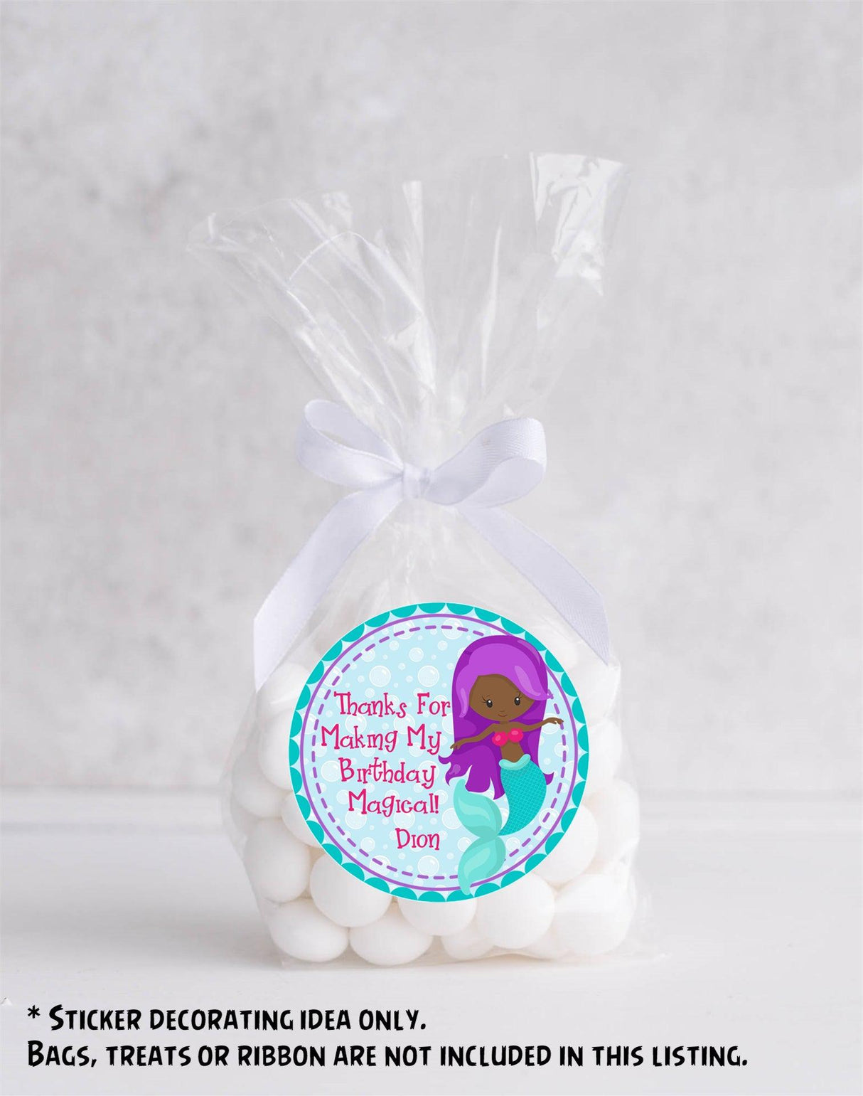 Personalized purple mermaid party sticker with teal border