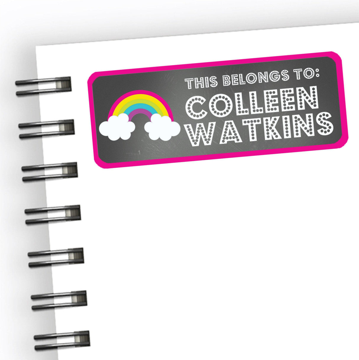 Personalized rainbow back to school name label with rainbow and cloud illustration