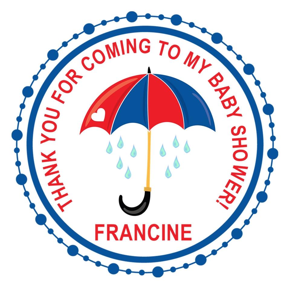 Personalized raindrop baby shower sticker with bold border