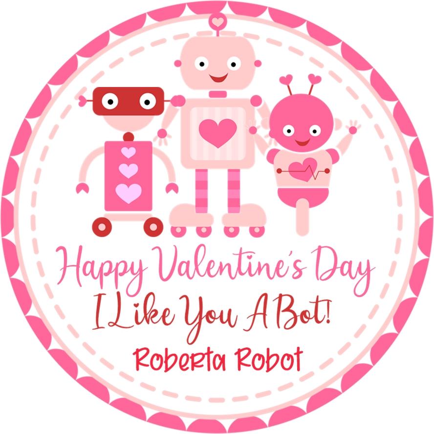 Personalized robot Valentine sticker with pink hearts and Valentine wording