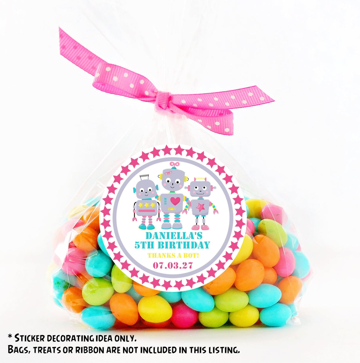 Personalized robot sticker for girl’s birthday party