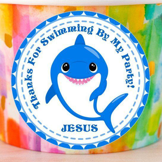 Personalized shark party favor label in ocean blue