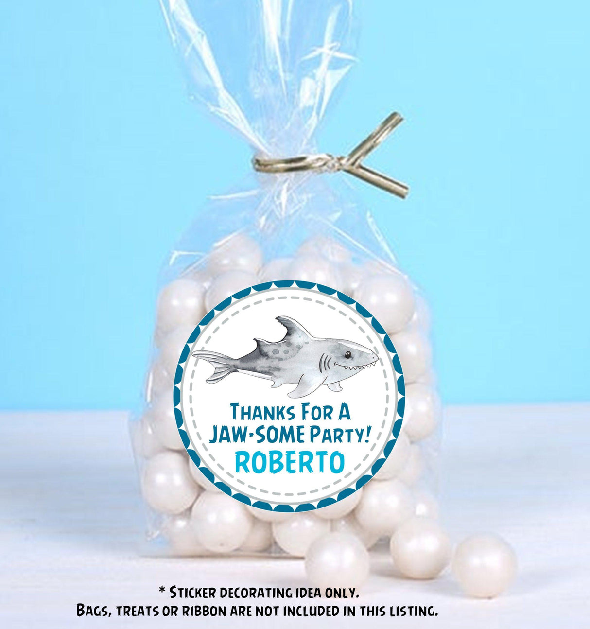 Personalized shark party favor label with ocean theme