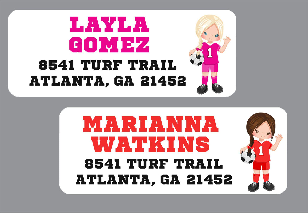 Personalized soccer return address stickers for girls