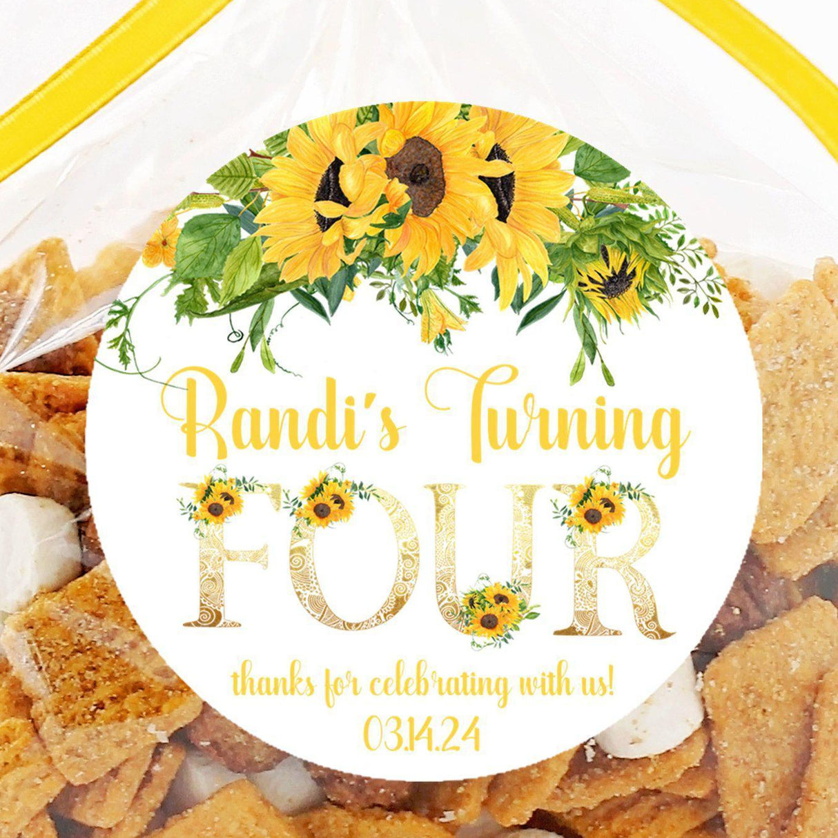 Personalized sunflower party favor label with custom age