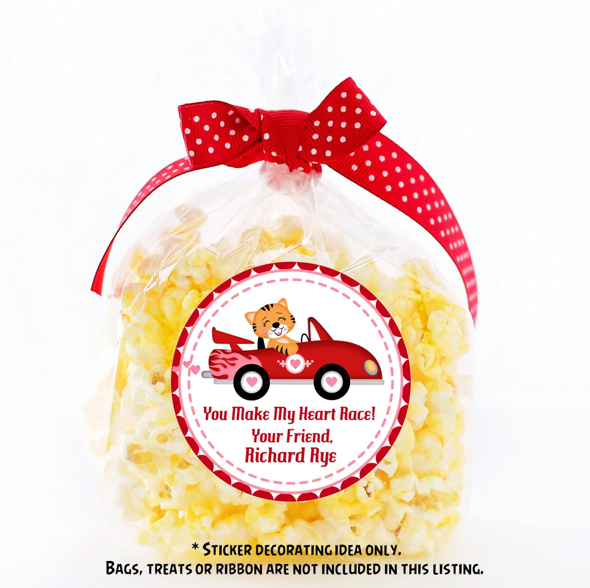 Personalized tiger racecar Valentine sticker with pink details
