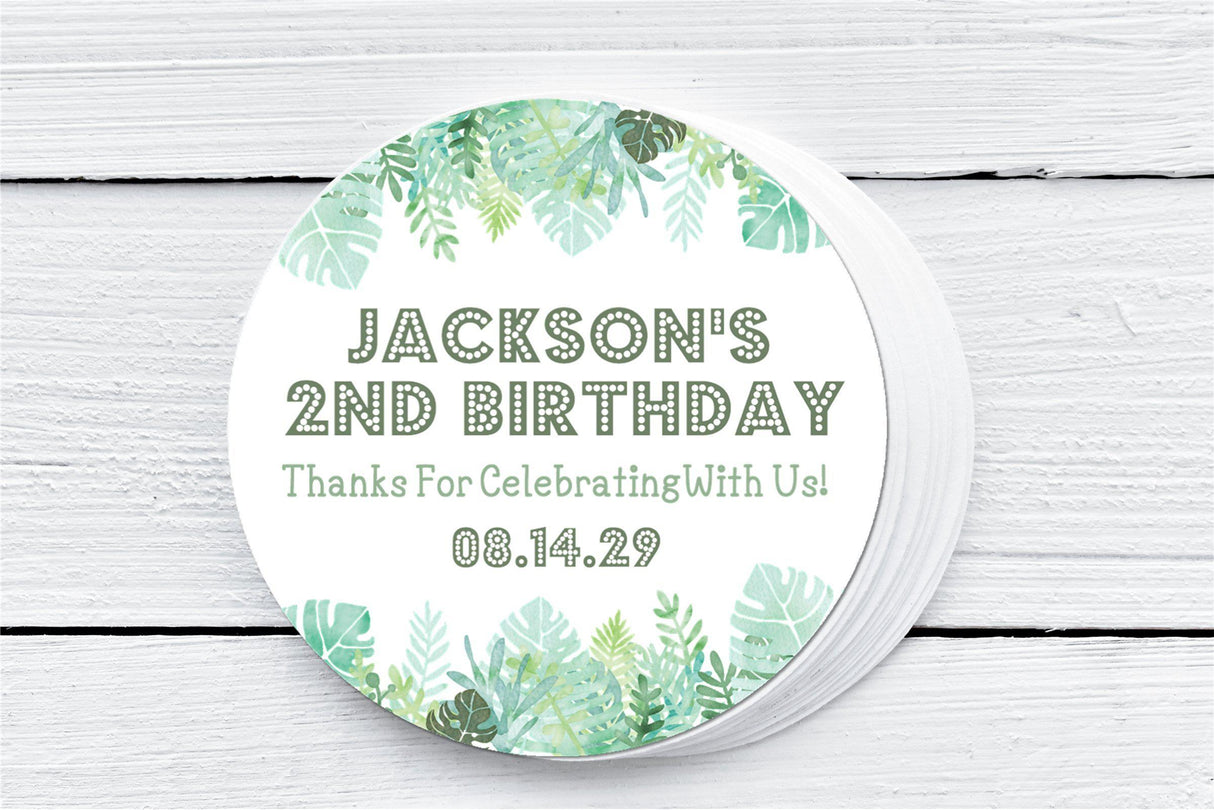 Personalized tropical leaf party favor label