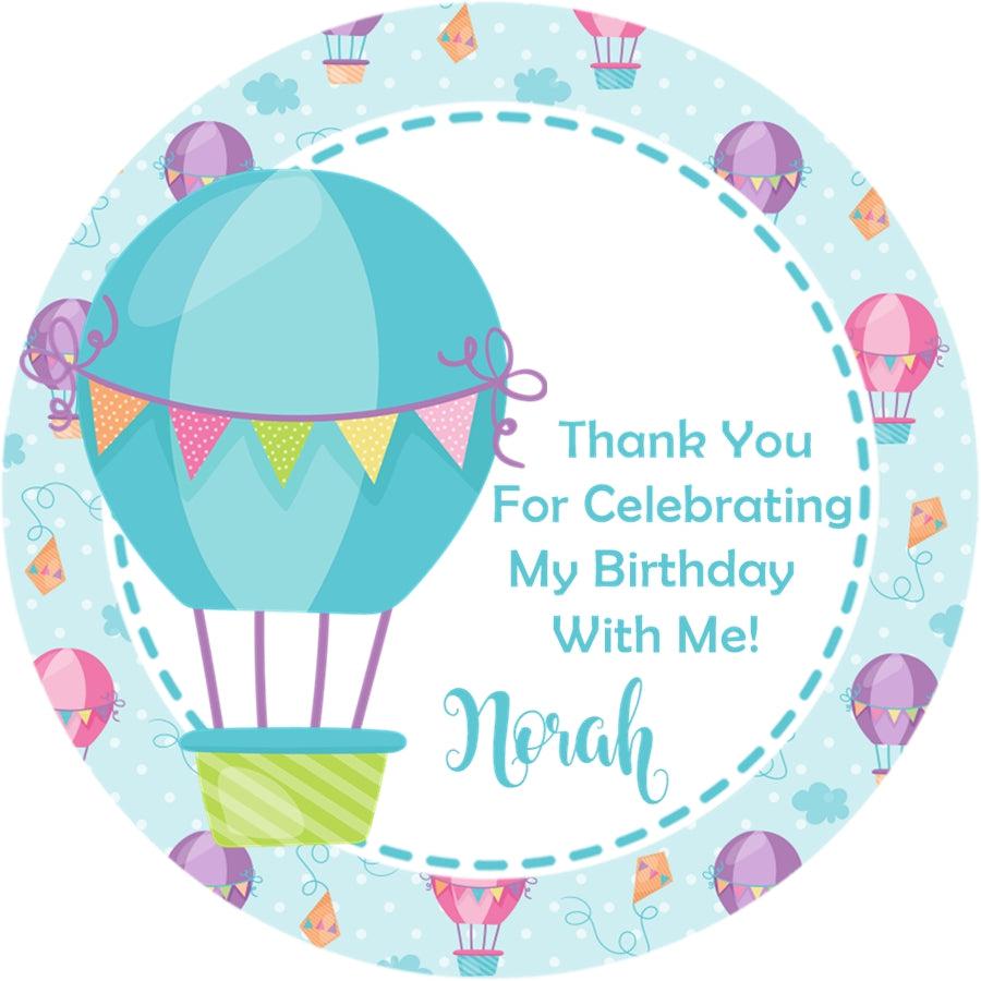 Personalized turquoise balloon party favor label
