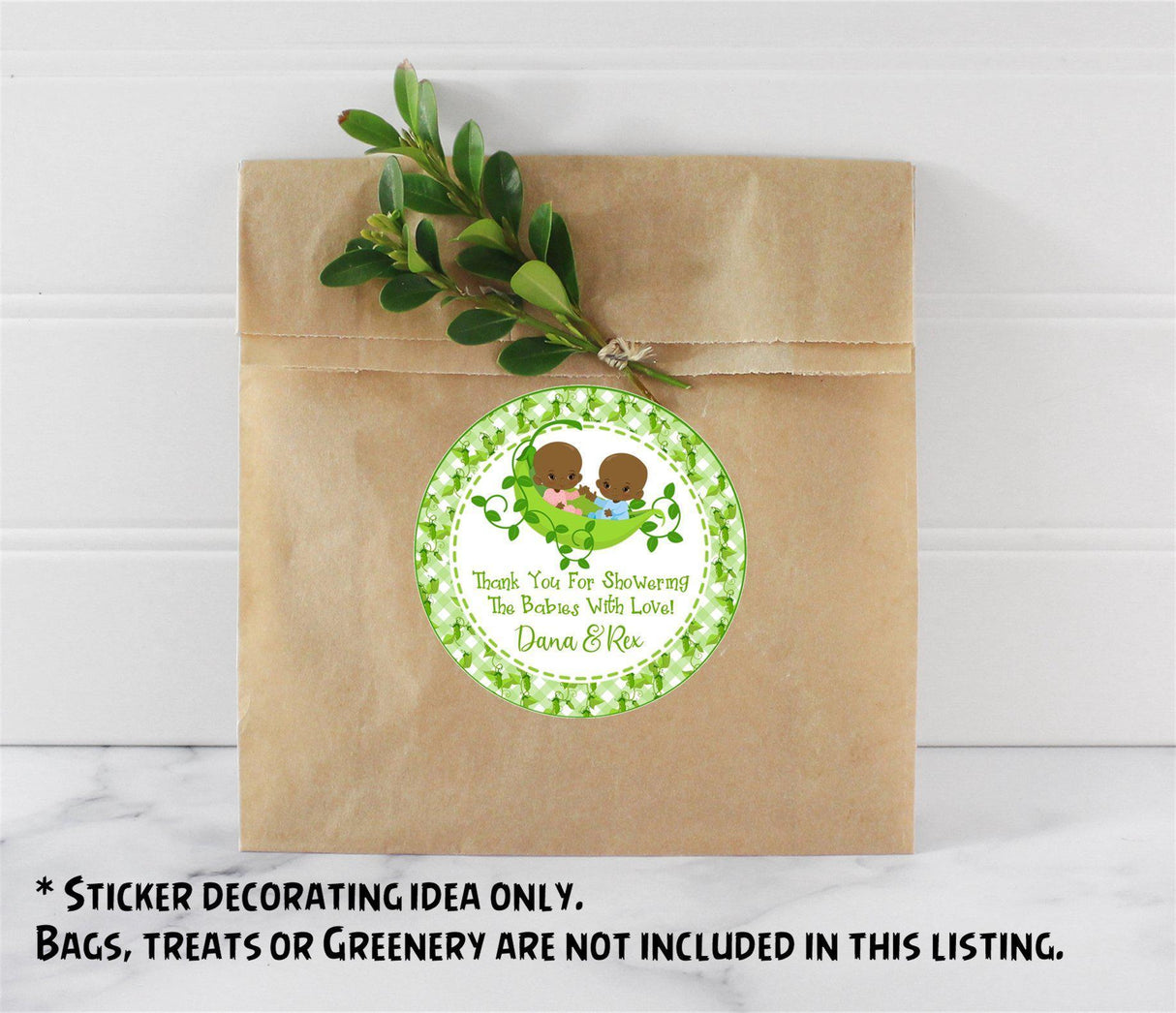 Personalized twin baby favor label featuring boy and girl twins