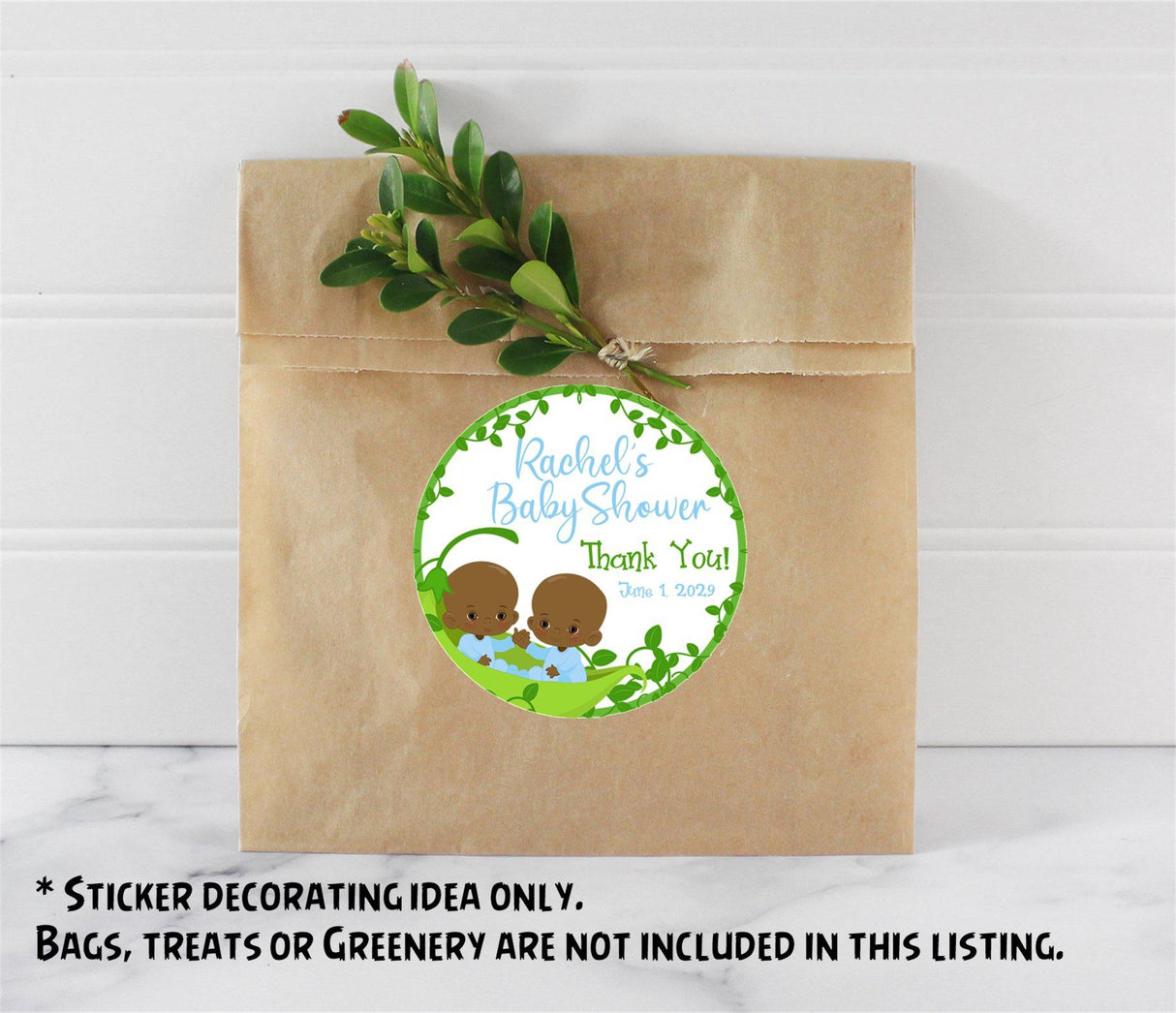 Personalized twin boys baby shower favor label in blue and green