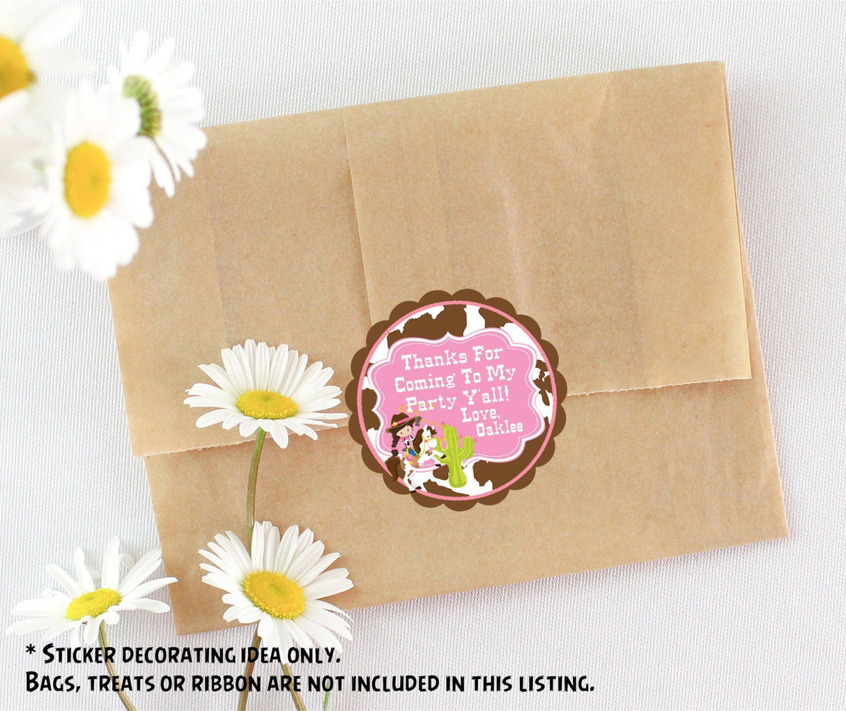 Personalized western party favor label in pink and brown