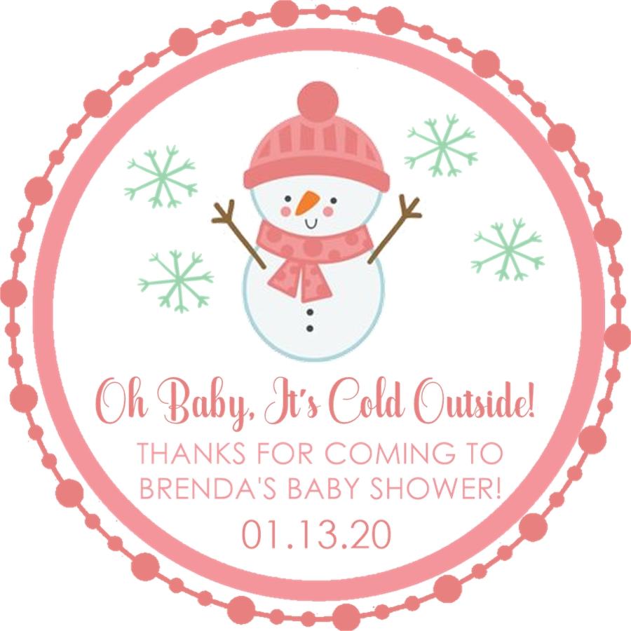 Personalized winter baby shower favor sticker with snowman design