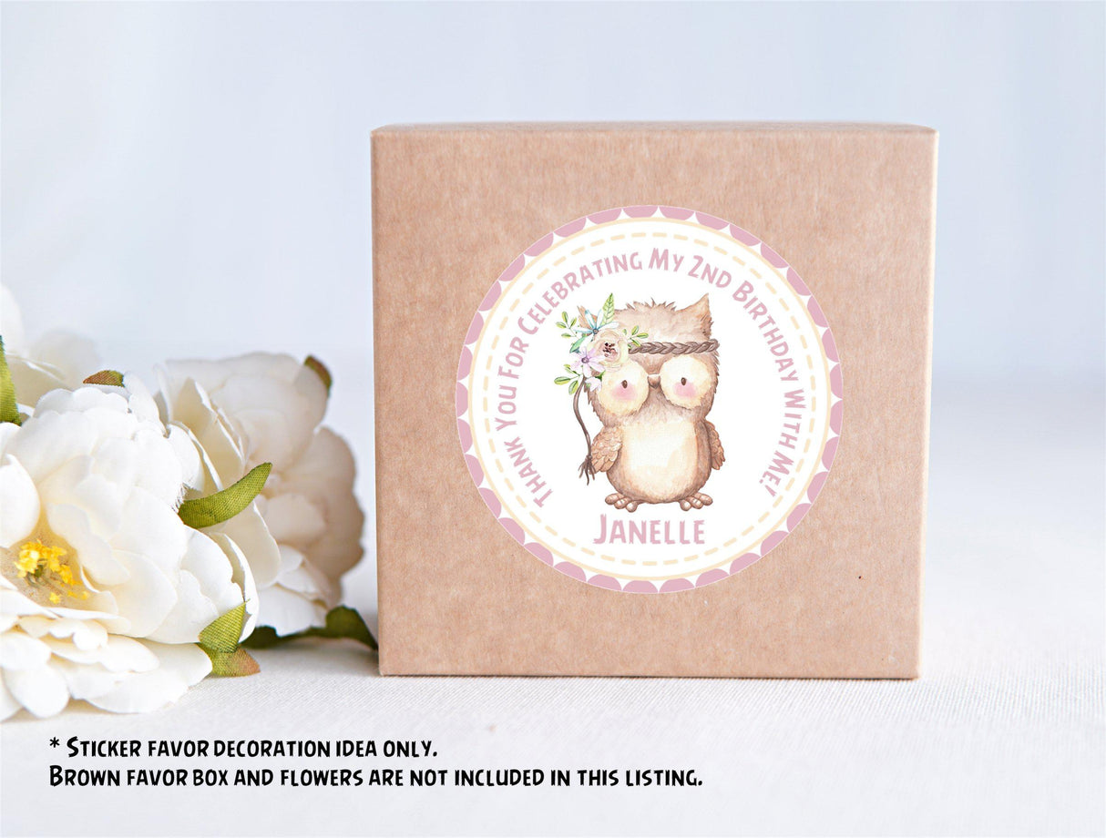 Personalized woodland owl favor label in blush tones
