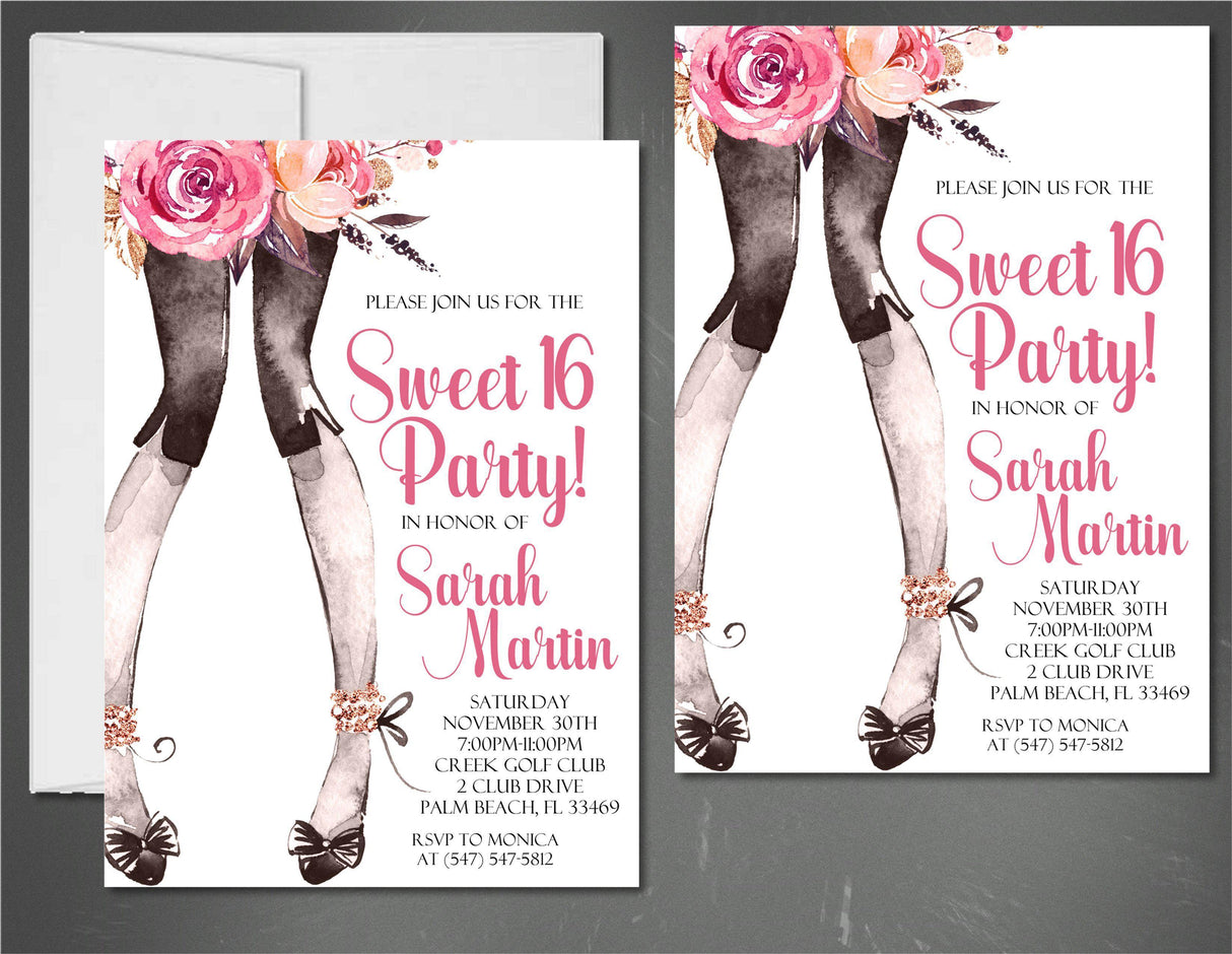 Pink And Black Sweet 16 Party Invitations