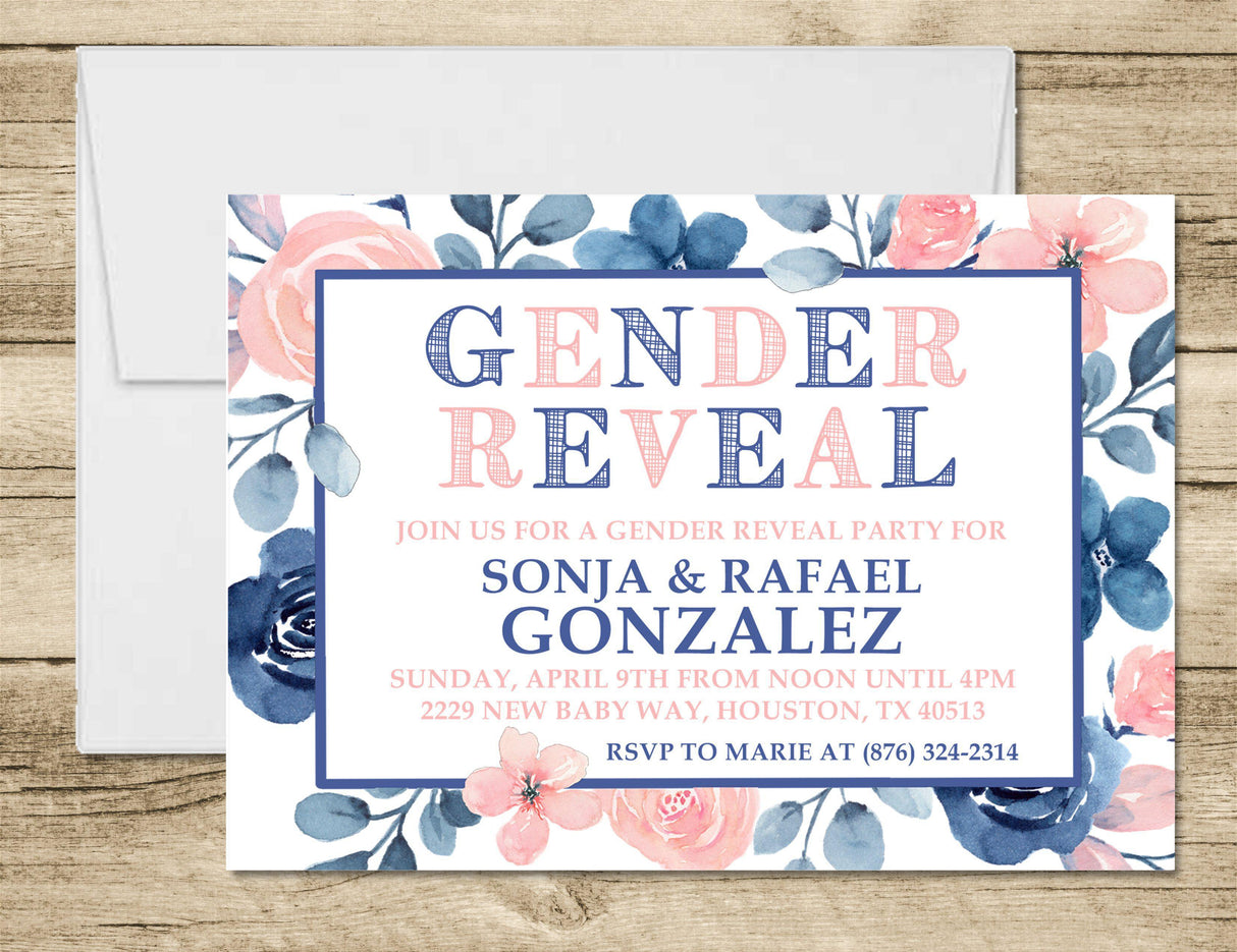 Pink And Blue Floral Gender Reveal Invitations