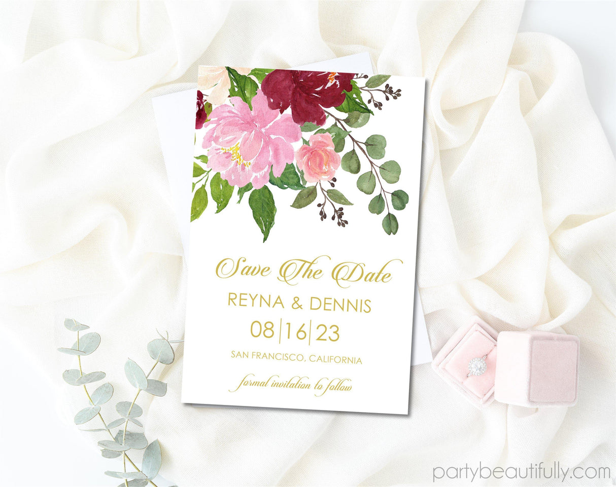 Pink And Burgundy Wedding Save The Date Cards